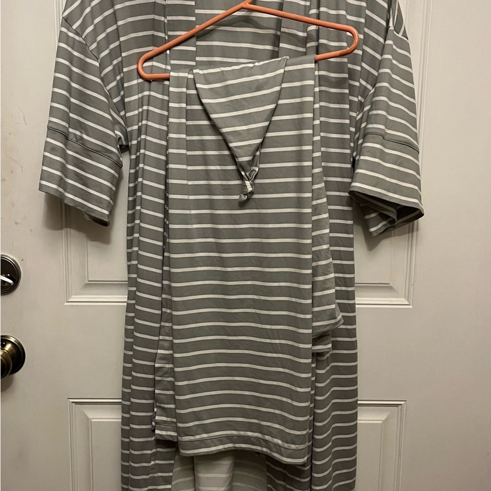 Gray and White Striped Robe with Matching Swaddle and Hat